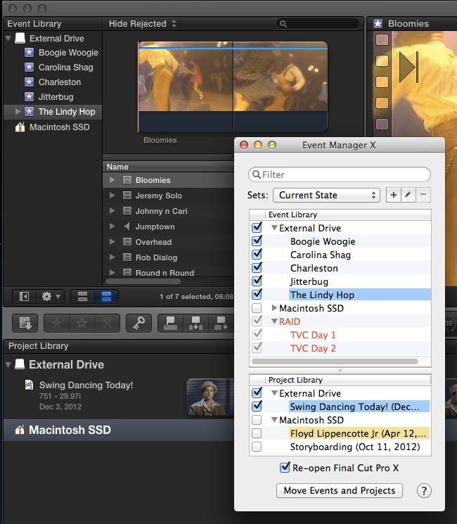 FCPX Event Library, FCPX Project Library, and Event Manager X